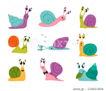 Cartoon snails. Funny snail different emotions. Cute insects with shells in love sleep angry crying and eating. Wild forest garden creatures classy vector set 118022804