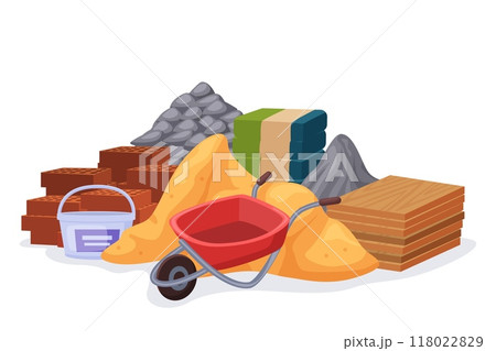 Materials pile. Building construction material, bricks sand wooden planks stones and cement. Renovation finishing work tools, nowaday vector elements Materials pile. Building construction material, bricks sand wooden planks stones and cement. Renovation finishing work tools, nowaday vector elements 118022829