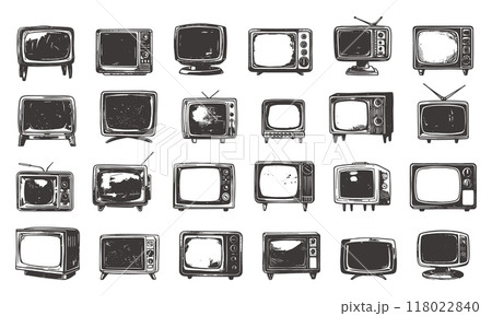 Vintage TV Icons Set Tattoo Design Retro Engraving Woodcut Style Collection Black on White Background Antique Television Illustrations Classic Electronics Monochrome Art Old School 118022840