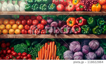 Shelf with Fresh Vegetables in a Shop Oil on Canvas Illustration Colorful Produce Assorted Vegetables Grocery Store Display Vibrant Colors Detailed Textures Organic Items Market 118022864