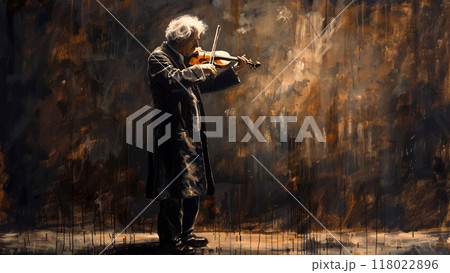 Old Violinist Overcoat Playing Violin Dimly Lit Stage Oil on Canvas Illustration Classic Musician Vintage Stage Performance Dramatic Lighting Rich Textures Detailed Portrait 118022896