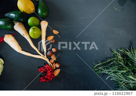 Vegetables and fruits for cooking on a gray dark background 118022907