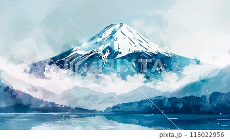 Mount Fuji Background Watercolor Illustration Majestic Mountain Iconic Landmark Japan Scenic View Snow-Capped Peak Natural Beauty Serene Landscape Tranquil Setting Cultural Icon 118022956
