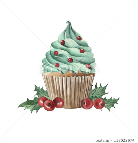 Christmas cupcake with holly leaves and berries. The cake with green cream and red beads and the plants are hand-painted in watercolor in red and brown tones. For the design of New Year's packaging 118022974