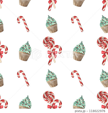 Seamless pattern with Cupcakes, lollipops tied with a bow. The Christmas sweeets painted in watercolor. Illustration for New Year's design of postcard, packaging, gifts, wallpaper, invitation, holiday Seamless pattern with Cupcakes, lollipops tied with a bow. The Christmas sweeets painted in watercolor. Illustration for New Year's design of postcard, packaging, gifts, wallpaper, invitation, holiday 118022976