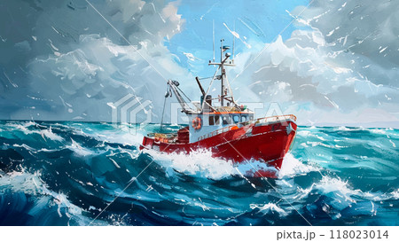 Fishing Boat on the High Seas Oil on Canvas Illustration Vast Ocean Expanses Deep Blue Waters Rolling Waves Under Cloudy Sky Weathered Fishing Vessel at the Center Strong Winds 118023014