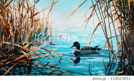 Drake Swimming on a Lake with Reeds Acrylic on Canvas Illustration Waterfowl Bird Duck Lake Reeds Water Vegetation Tranquil Scene Nature Wildlife Natural Habitat Calm Water 118023051