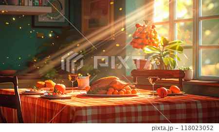 Dinner Table With A Roasted Goose As The Centerpiece Illuminated By A Beam Of Bright Sunlight Casting Warm Glows And Shadows On The Tablecloth Surrounding Dishes Cartoon Style 118023052