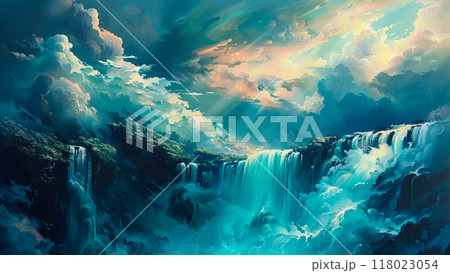 Deep Waterfall Stormy Sky Oil on Canvas Illustration Majestic Powerful Water Cascade Turbulent Clouds Dramatic Background Nature Landscape Energy Dynamic Atmosphere 118023054