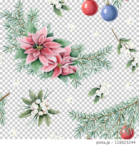 Christmas tree branches decorated with red and blue hanging balls ornaments with poinsettia flowers watercolor seamless pattern on white background. Green pine twigs with vintage decorations Christmas tree branches decorated with red and blue hanging balls ornaments with poinsettia flowers watercolor seamless pattern on white background. Green pine twigs with vintage decorations 118023244