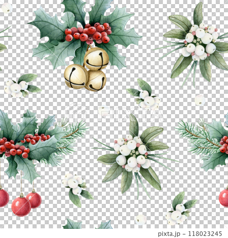 Christmas hanging ball and bells on pine tree branches and red holly twigs watercolor seamless pattern on white background for winter holidays and New Year greeting wrapping paper and textiles Christmas hanging ball and bells on pine tree branches and red holly twigs watercolor seamless pattern on white background for winter holidays and New Year greeting wrapping paper and textiles 118023245