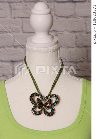 Vintage Butterfly Necklace With Green Crystals Thrift Store Display 118023571