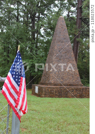 Killough Monument and Cemetery During Rain With American Flag 118023572
