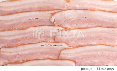 pieces of fresh bacon isolated on white background pieces of fresh bacon isolated on white background 118023609