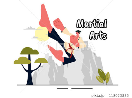 Martial Arts Vector Illustration with an Athlete Doing a High Kick Exercise, Practicing Karate or Performing Fighting Poses in a Flat Background 118023886