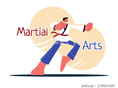 Martial Arts Vector Illustration with an Athlete Doing a High Kick Exercise, Practicing Karate or Performing Fighting Poses in a Flat Background Martial Arts Vector Illustration with an Athlete Doing a High Kick Exercise, Practicing Karate or Performing Fighting Poses in a Flat Background 118023887