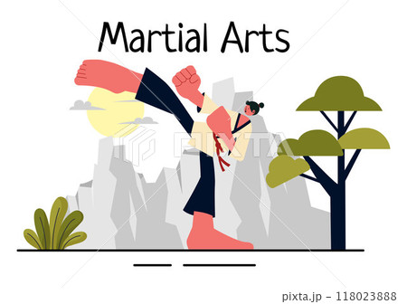 Martial Arts Vector Illustration with an Athlete Doing a High Kick Exercise, Practicing Karate or Performing Fighting Poses in a Flat Background Martial Arts Vector Illustration with an Athlete Doing a High Kick Exercise, Practicing Karate or Performing Fighting Poses in a Flat Background 118023888