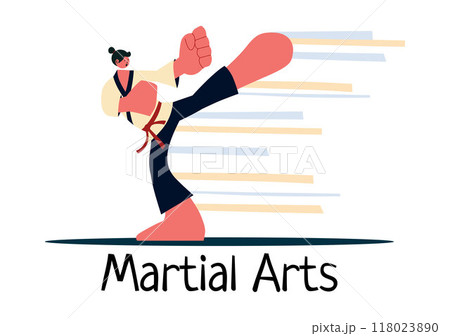 Martial Arts Vector Illustration with an Athlete Doing a High Kick Exercise, Practicing Karate or Performing Fighting Poses in a Flat Background 118023890