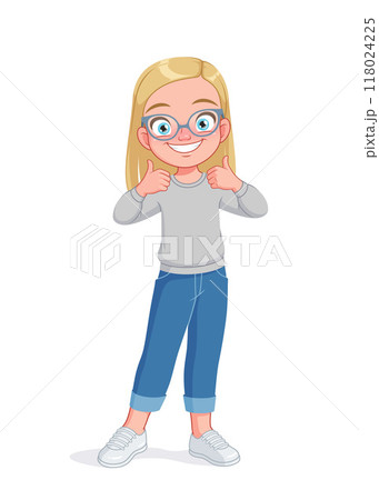 Little girl in glasses showing thumbs up. Cartoon vector illustration. Little girl in glasses showing thumbs up. Cartoon vector illustration. 118024225
