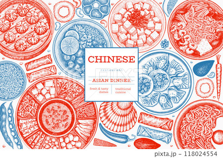 Chinese Cuisine Design Template. Vector Hand Drawn Asian Food Banner. Vintage Style Menu Illustration. Chinese Cuisine Design Template. Vector Hand Drawn Asian Food Banner. Vintage Style Menu Illustration. 118024554