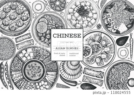 Chinese Cuisine Design Template. Vector Hand Drawn Asian Food Banner. Vintage Style Menu Illustration. Chinese Cuisine Design Template. Vector Hand Drawn Asian Food Banner. Vintage Style Menu Illustration. 118024555