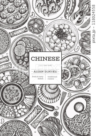Chinese Cuisine Design Template. Vector Hand Drawn Asian Food Banner. Vintage Style Menu Illustration. Chinese Cuisine Design Template. Vector Hand Drawn Asian Food Banner. Vintage Style Menu Illustration. 118024558