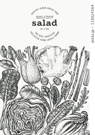 Green Vegetable Design Template. Vector Hand Drawn Healthy Leaf Salad Banner. Vintage Style Menu Illustration. Green Vegetable Design Template. Vector Hand Drawn Healthy Leaf Salad Banner. Vintage Style Menu Illustration. 118024564