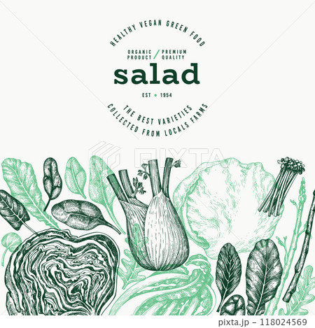 Green Vegetable Design Template. Vector Hand Drawn Healthy Leaf Salad Banner. Vintage Style Menu Illustration. 118024569