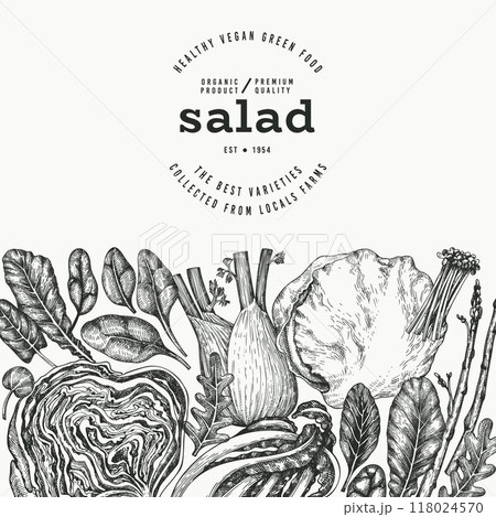 Green Vegetable Design Template. Vector Hand Drawn Healthy Leaf Salad Banner. Vintage Style Menu Illustration. Green Vegetable Design Template. Vector Hand Drawn Healthy Leaf Salad Banner. Vintage Style Menu Illustration. 118024570
