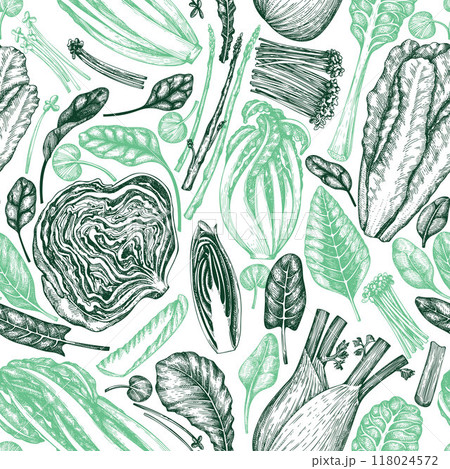 Green Vegetable Seamless Vector Pattern. Vector Hand Drawn Healthy Leaf Salad Background. Vintage Style Menu Illustration. Green Vegetable Seamless Vector Pattern. Vector Hand Drawn Healthy Leaf Salad Background. Vintage Style Menu Illustration. 118024572