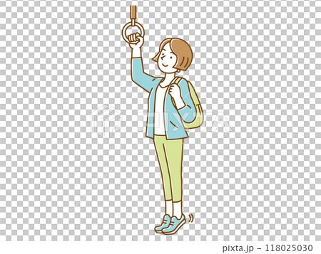 一位女士在通勤時用帶子伸展身體 118025030