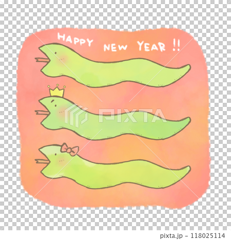 Hand-drawn cute green snake family New Year's card material Hand-drawn cute green snake family New Year's card material 118025114