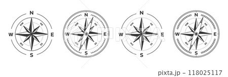 Wind rose compass navigation vector illustration on white background black icon set, North, South, East, West Wind rose compass navigation vector illustration on white background black icon set, North, South, East, West 118025117