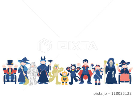ハロウィンの仮装をしている横並びの多世代の人々のフラットなイラスト(セット) ハロウィンの仮装をしている横並びの多世代の人々のフラットなイラスト(セット) 118025122