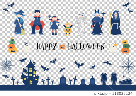 穿著萬聖節服裝和萬聖節背景的三代家庭的平面圖(集) 穿著萬聖節服裝和萬聖節背景的三代家庭的平面圖(集) 118025124