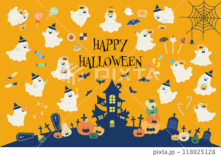 ハロウィンのお化けとお菓子と背景のフラットなイラスト(セット) 118025128