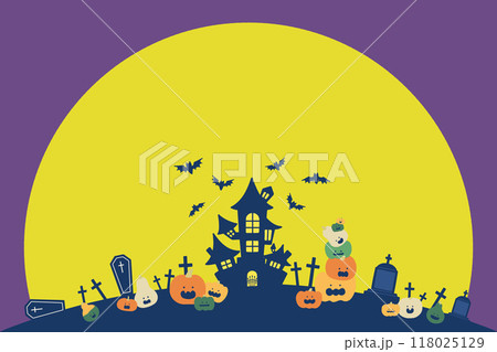 ハロウィンの月夜とカボチャと背景のフラットなイラスト(セット) 118025129