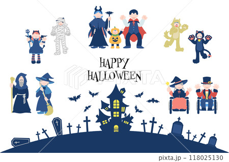 ハロウィンの仮装をした多世代の人々とハロウィン背景のフラットなイラスト(セット) ハロウィンの仮装をした多世代の人々とハロウィン背景のフラットなイラスト(セット) 118025130