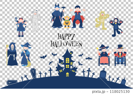ハロウィンの仮装をした多世代の人々とハロウィン背景のフラットなイラスト(セット) ハロウィンの仮装をした多世代の人々とハロウィン背景のフラットなイラスト(セット) 118025130