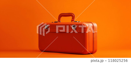 Orange travel suitcase, on orange background. Trip concept. Generative AI 118025256