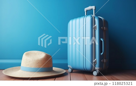 Blue travel suitcase with wheels, straw hat, on uniform blue background. Trip concept. Generative AI 118025321