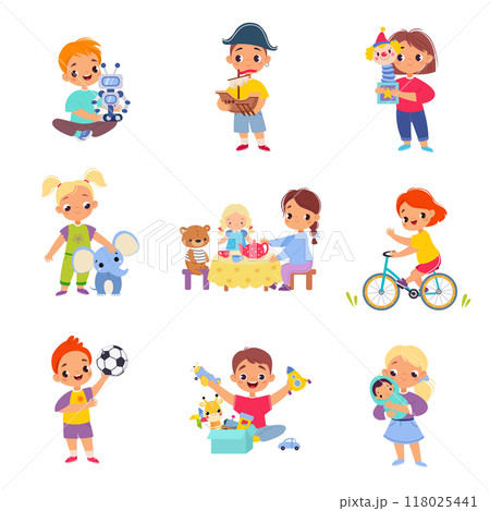 Kids Toys with Little Boy and Girl Playing Vector Set 118025441