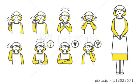 三角巾とエプロンを着用した女性　表情とポーズのバリエーション　セット 118025571