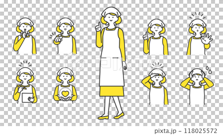 三角巾とエプロンを着用した女性 表情とポーズのバリエーション セット 三角巾とエプロンを着用した女性 表情とポーズのバリエーション セット 118025572