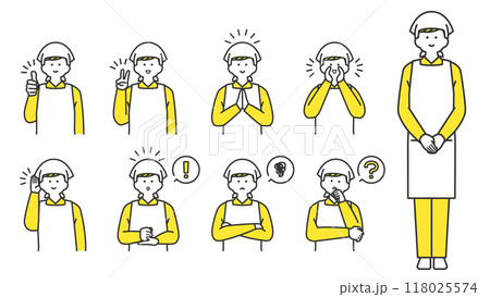 三角巾とエプロンを着用した男性　表情とポーズのバリエーション　セット 118025574