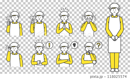 三角巾とエプロンを着用した男性　表情とポーズのバリエーション　セット 118025574