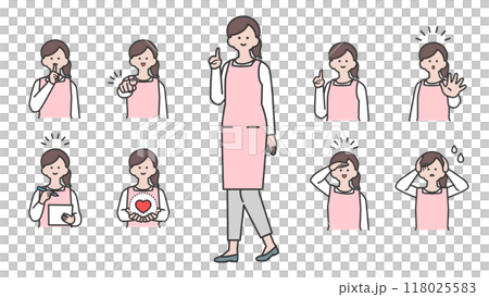 A woman wearing an apron - Variations of facial expressions and poses - Set A woman wearing an apron - Variations of facial expressions and poses - Set 118025583
