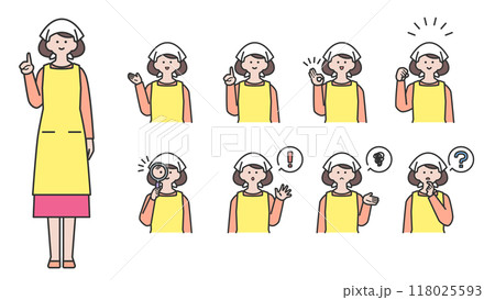 三角巾とエプロンを着用した女性　表情とポーズのバリエーション　セット 118025593