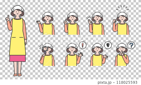 穿著吊帶和圍裙、臉部表情和姿勢變化的女人 118025593