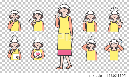 三角巾とエプロンを着用した女性　表情とポーズのバリエーション　セット 118025595
